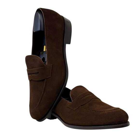 Men's Dark Brown Calf Suede Penny Loafer – Handmade in Spain (US Size 15 EE) - Picture 1 of 6